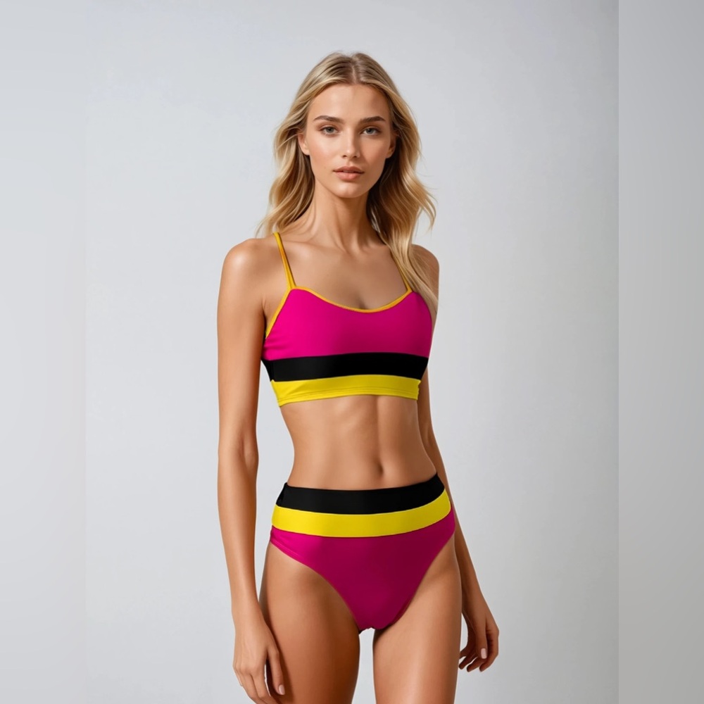 Emme Jordan Bikini Swimsuit High Waist Striped Retro Sexy Small